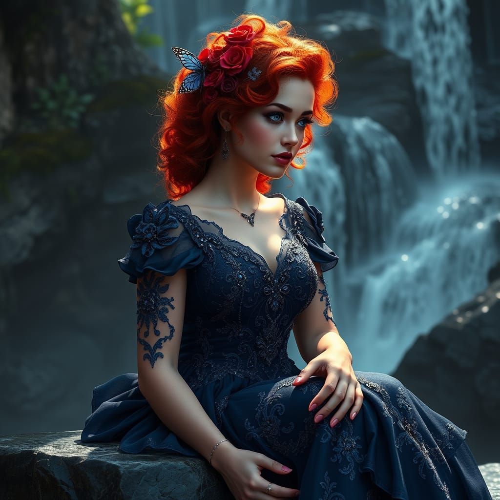 Majestic Princess in Midnight Blue at Serene Waterfall