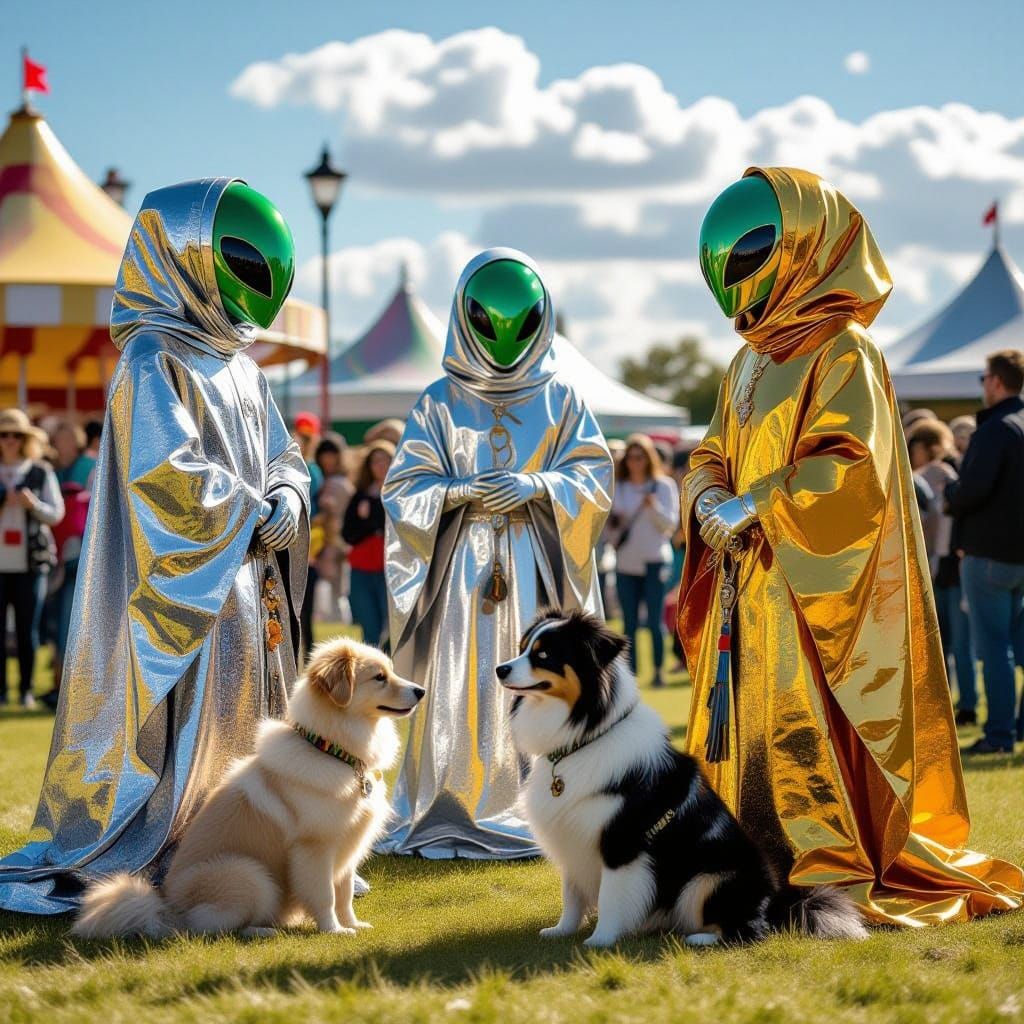 Aliens Observe Dog Breeds in Photorealistic Style