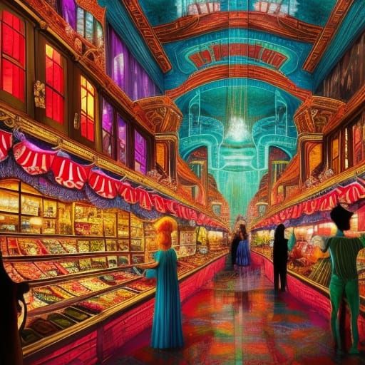 Vibrant Candy Shop in Maximalist Digital Painting