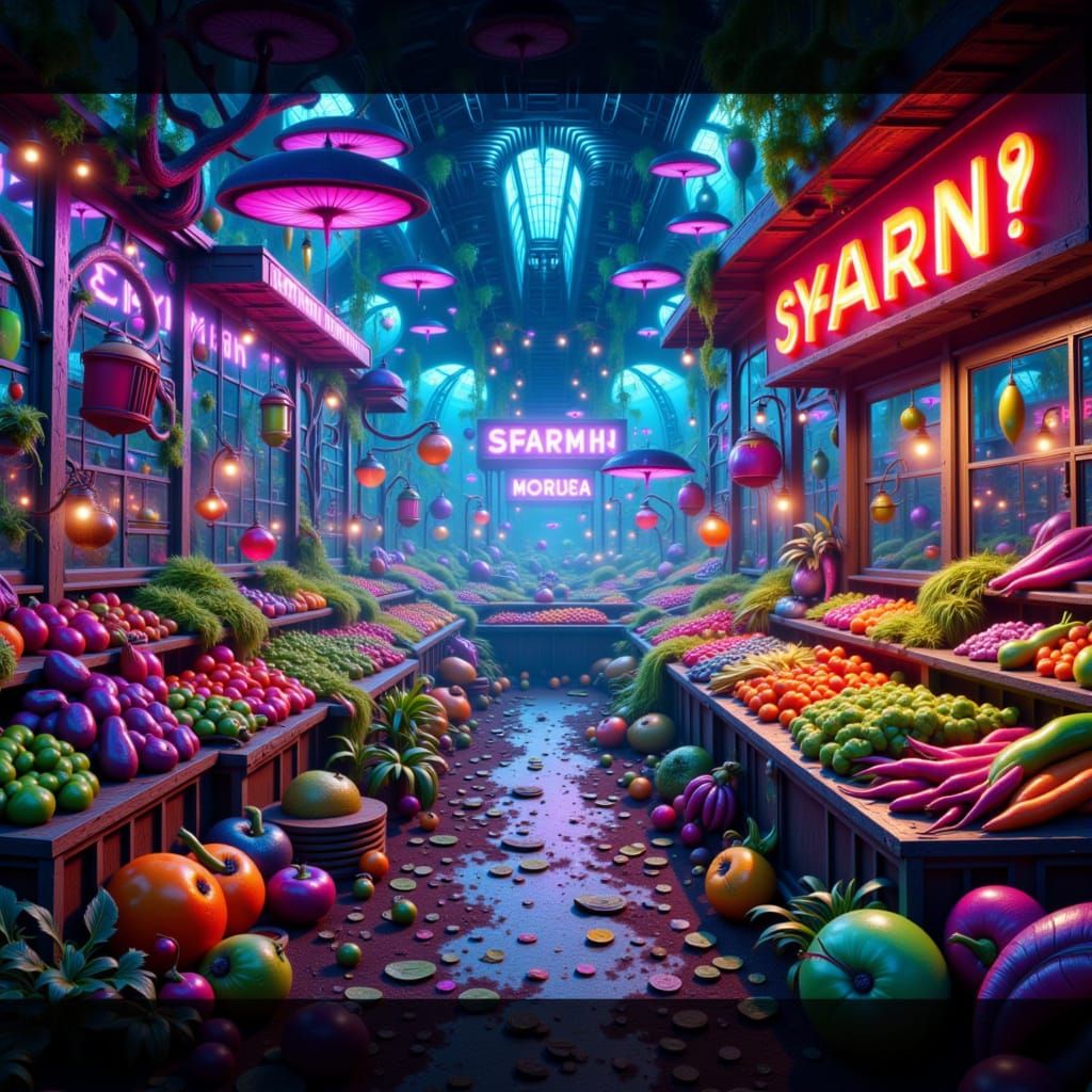 Bioluminescent Market in a Futuristic Cityscape
