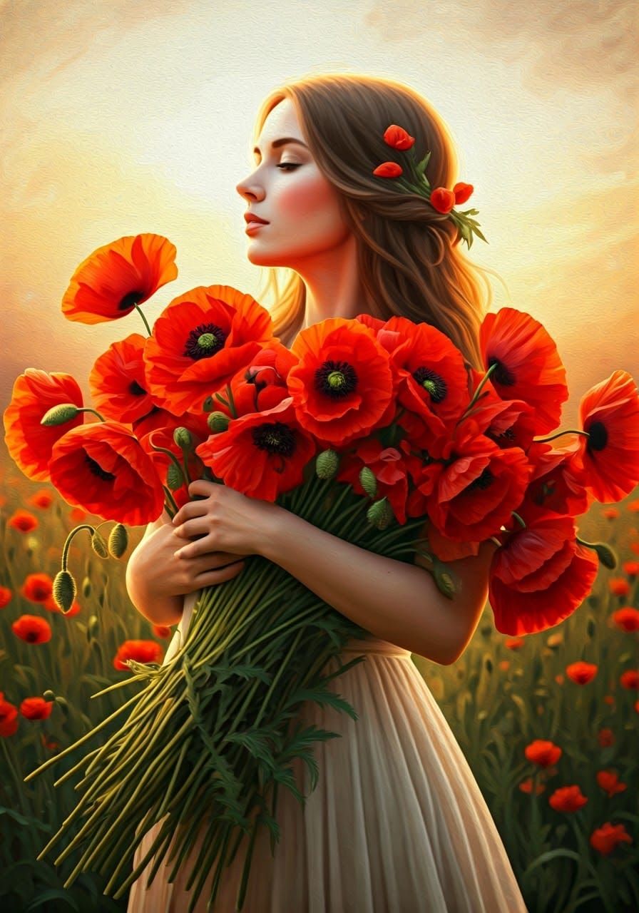 Ethereal Pre-Raphaelite Beauty with Whimsical Floral Bouquet...