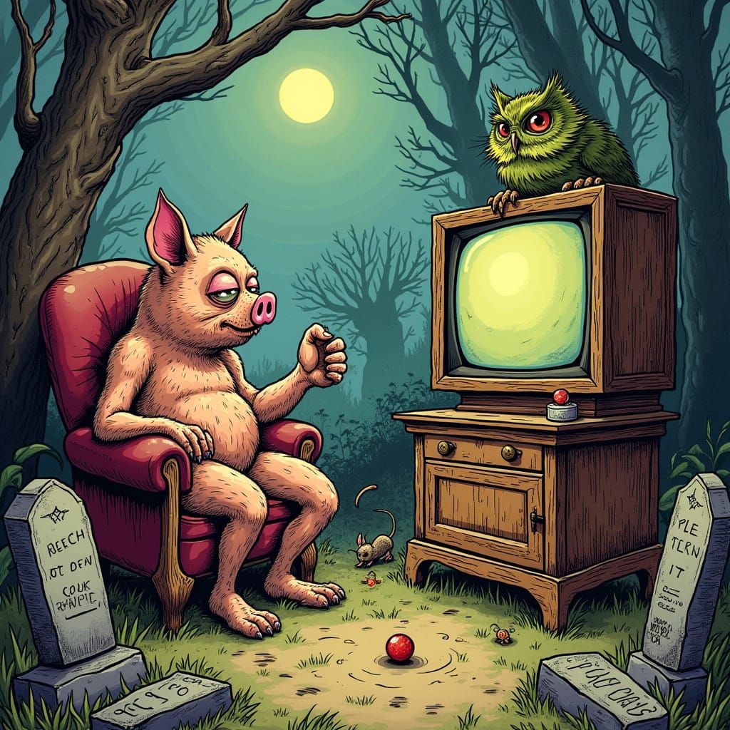Cartoon Characters Watch TV in Graveyard