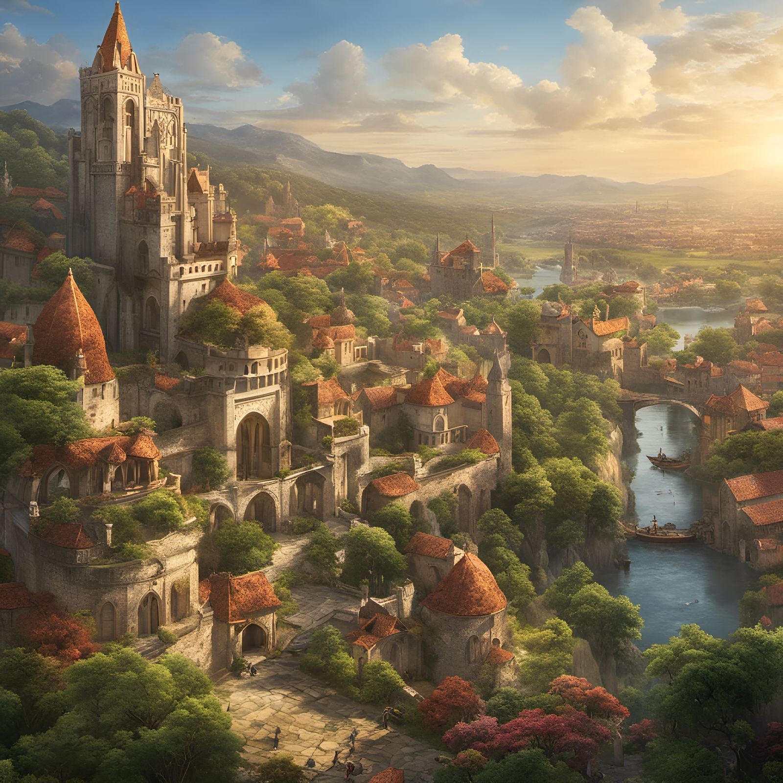 Medieval City in Watercolor, Studio Ghibli Style