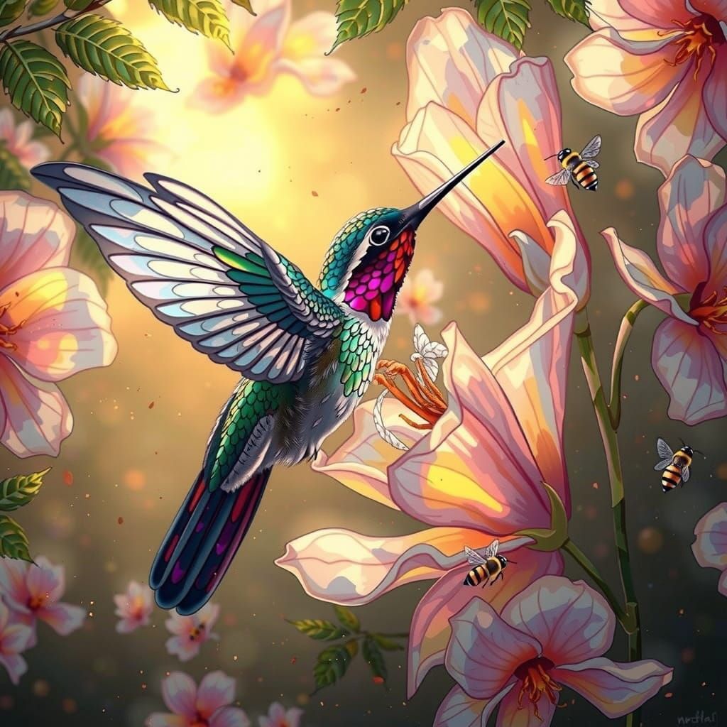 Hummingbird with Stained Glass Feathers in Fantasy Style