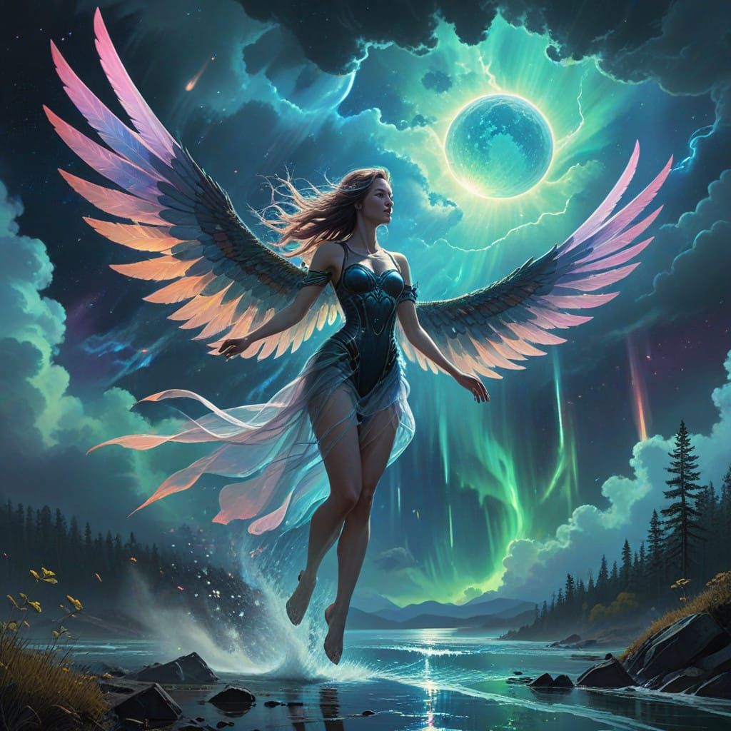 Celestial Dreamer Soars Through Ethereal Aurora