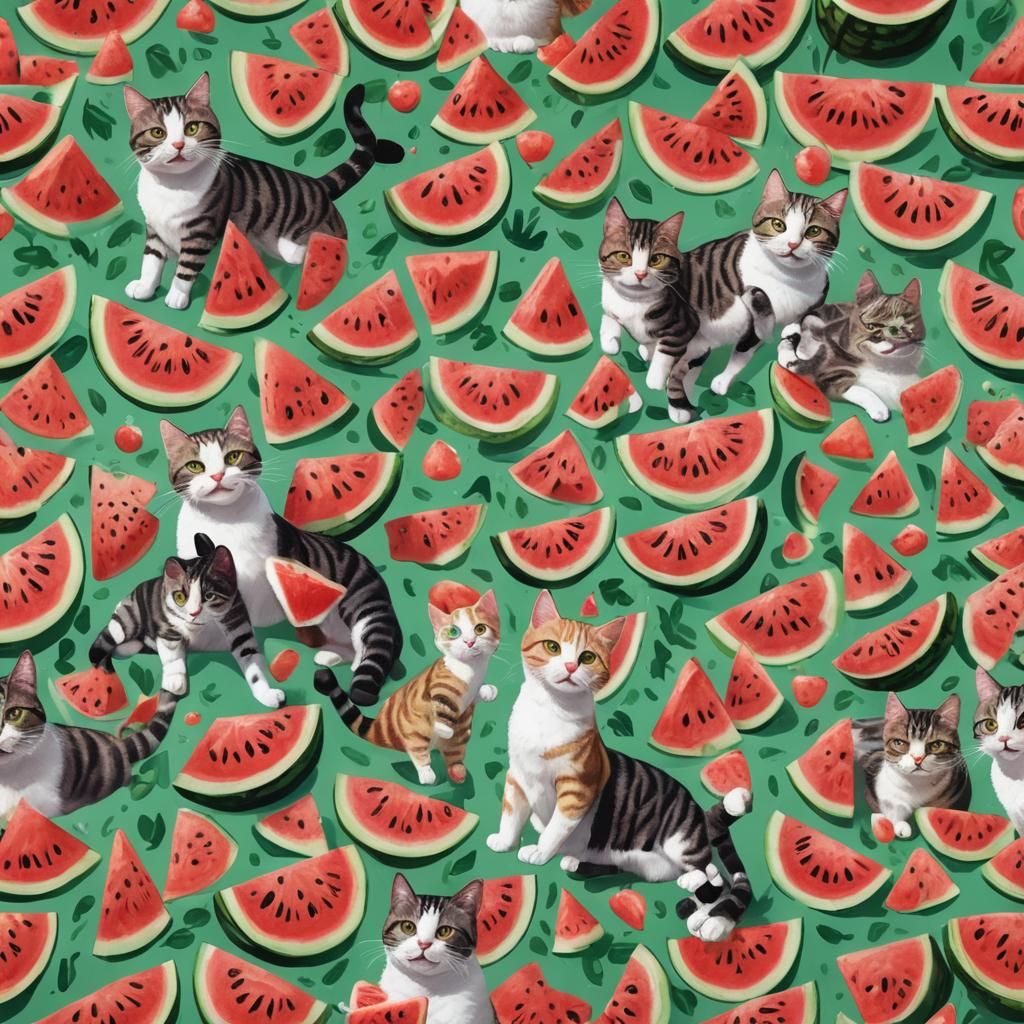 Hyperrealistic Cats Enjoying Watermelon Feast