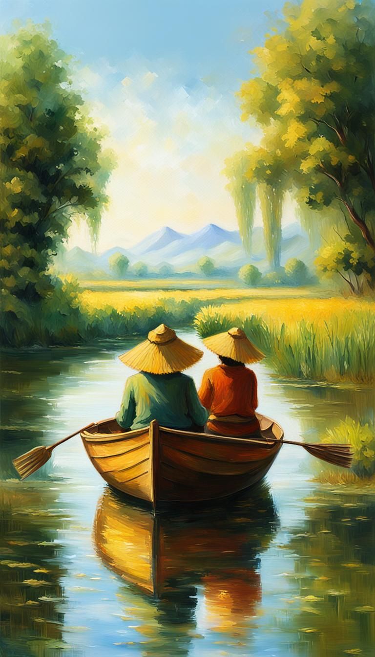 Idyllic Rice Fields: An Impressionist Landscape in Warm Ligh...