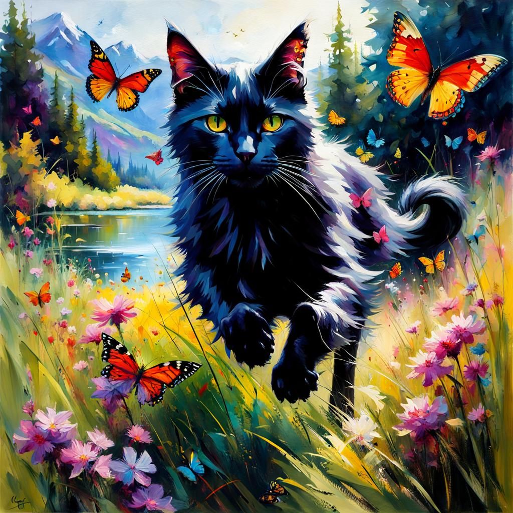 Black Cat's Joyful Butterfly Chase: Oil on Canvas
