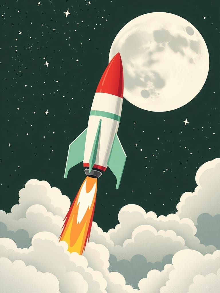 Retro-Futuristic Rocket Blasts Off in a Starry Space Scene