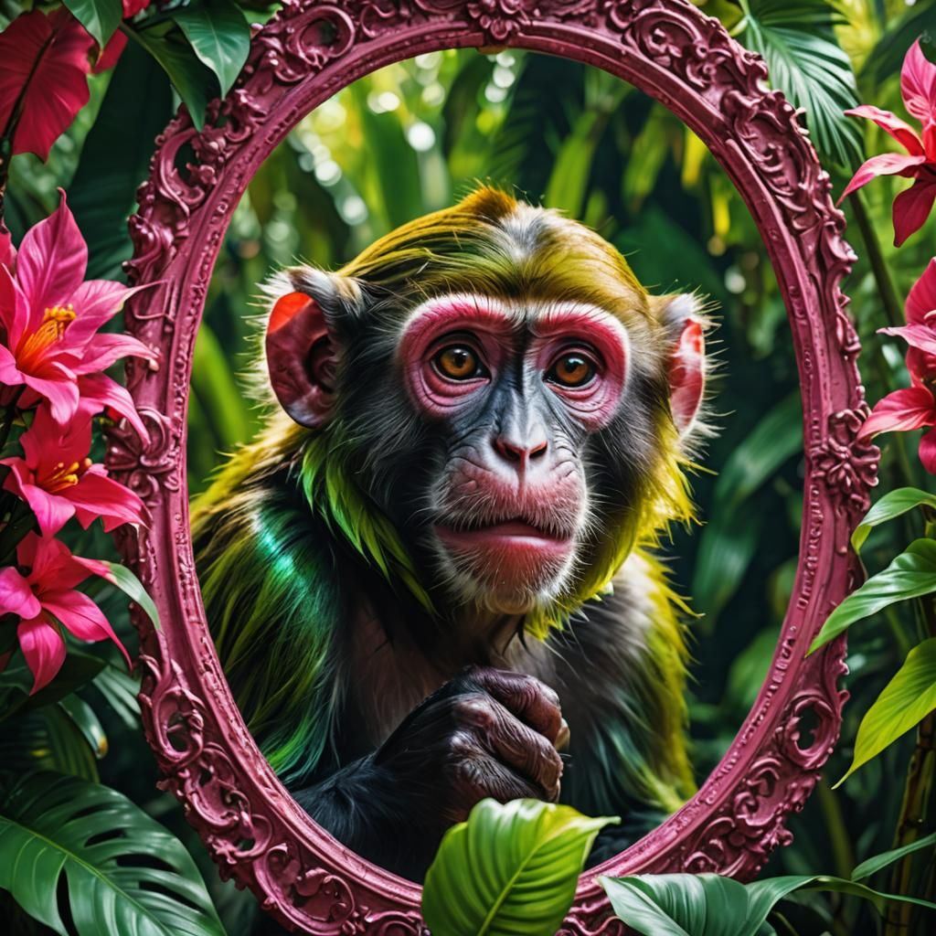 Surreal Monkey Portrait in Tropical Mirror