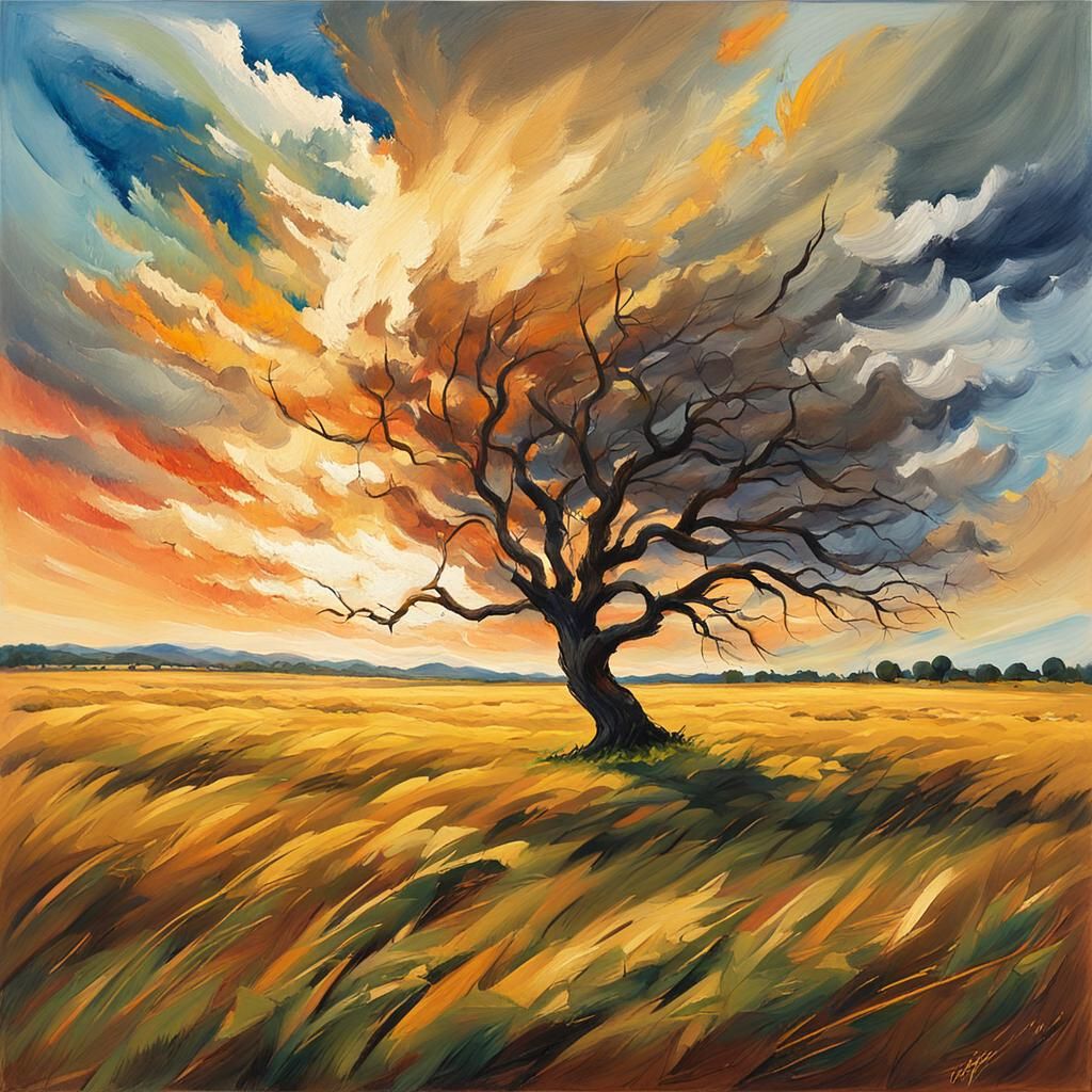 Windswept Tree in Gouache Impressionist Style