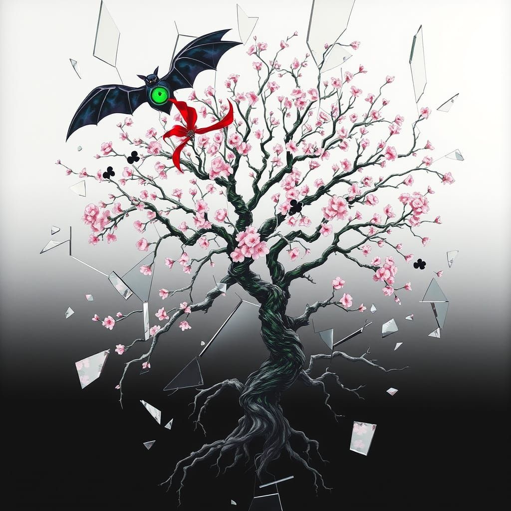 Dreamlike Cherry Blossom Tree Emerges from Shattered Reflect...