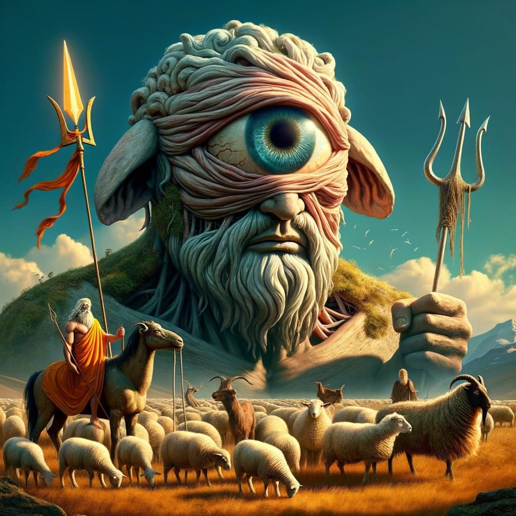Giant Cyclops Tending to Flock in Ancient Landscape