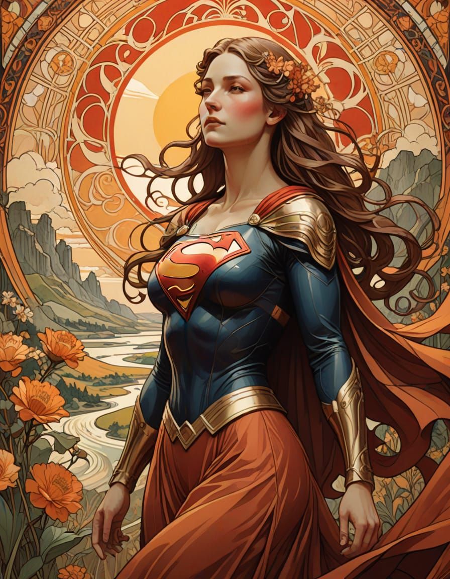 Supergirl in Vibrant Art Nouveau Landscape under Red Sun