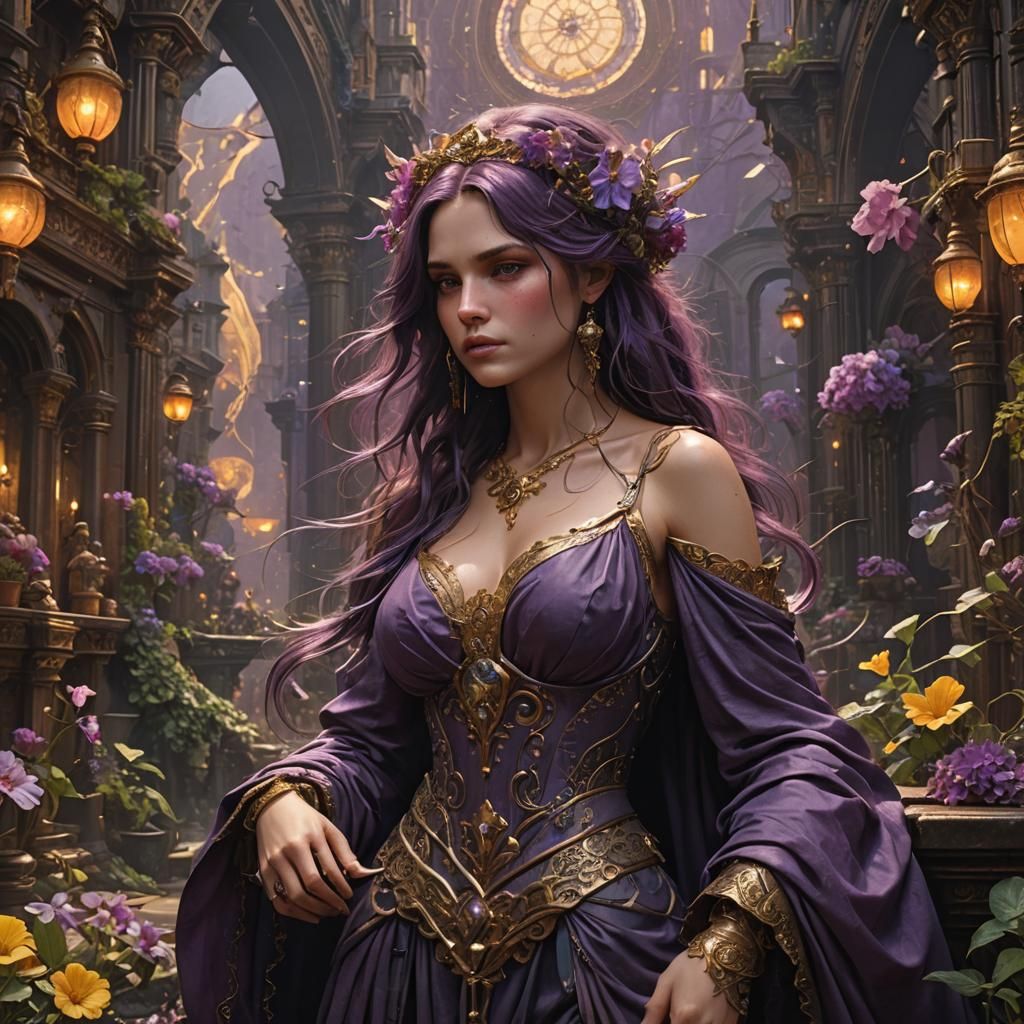Violet Princess in Garden: Digital Art Masterpiece