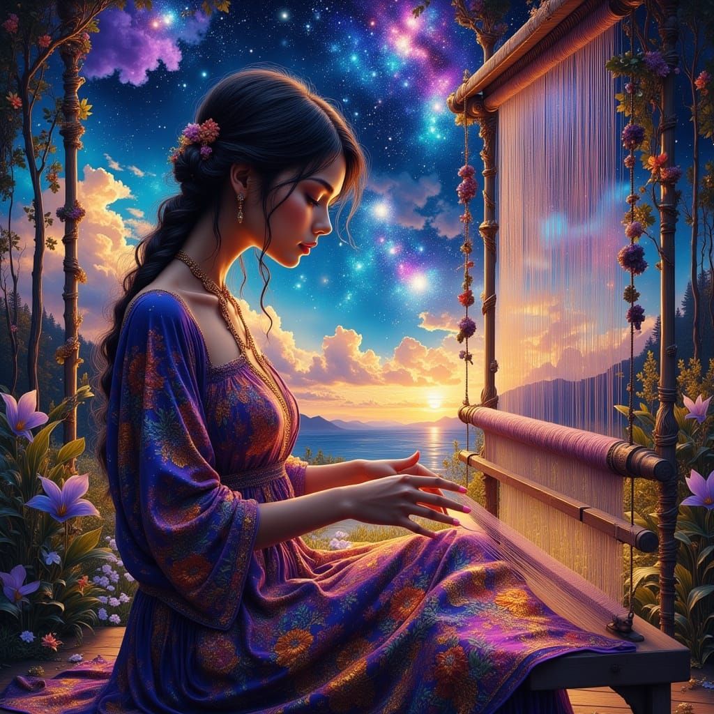 South-Asian Weaver in Ethereal Fantasy Landscape