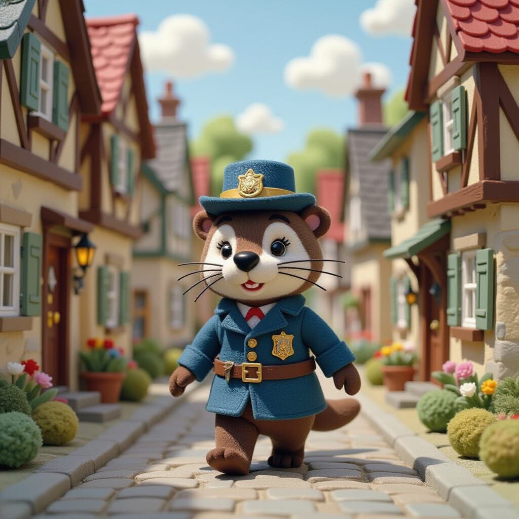Chibi Otter Policeman in Felted Medieval Village