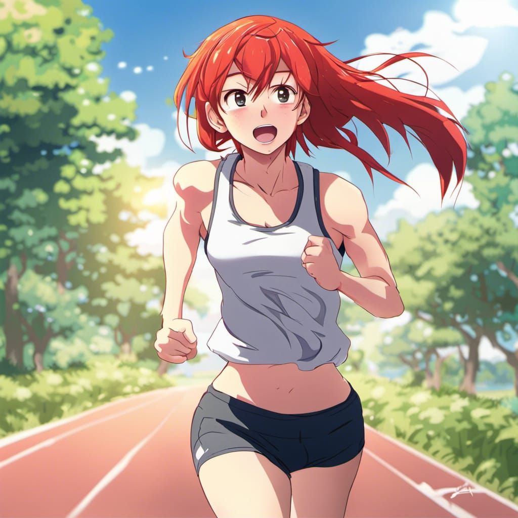 Red-Haired Girl Jogging on a Sunny Day in Anime Style