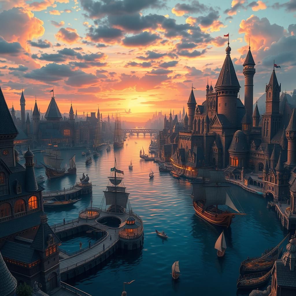 Mystical Fantasy Cityscape at Dusk with Golden Sunset