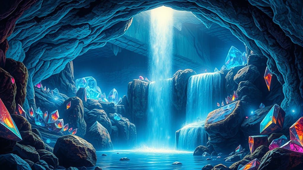 Retro-Futuristic Waterfall in a Crystalline Cave