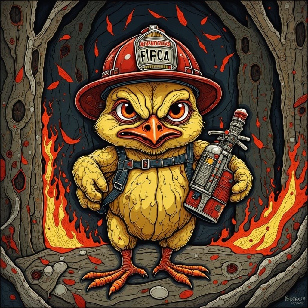Grumpy Chick at Burning Barn, Illustration Style