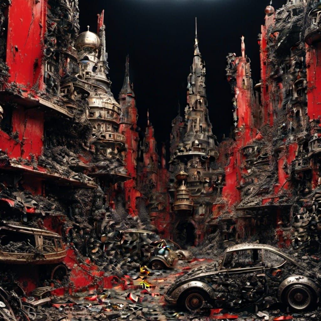 Destroyed Retro-Futuristic City in Rococo Horrorcore Style