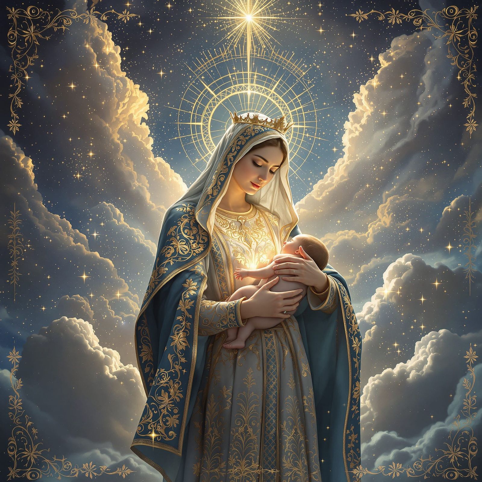Majestic Mary, Mother of God, in Ethereal, Matte-Painted Sce...
