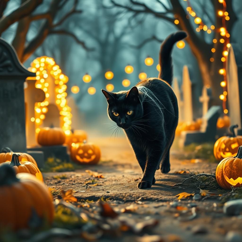 Black Cat in Graveyard: Watercolor Halloween Scene