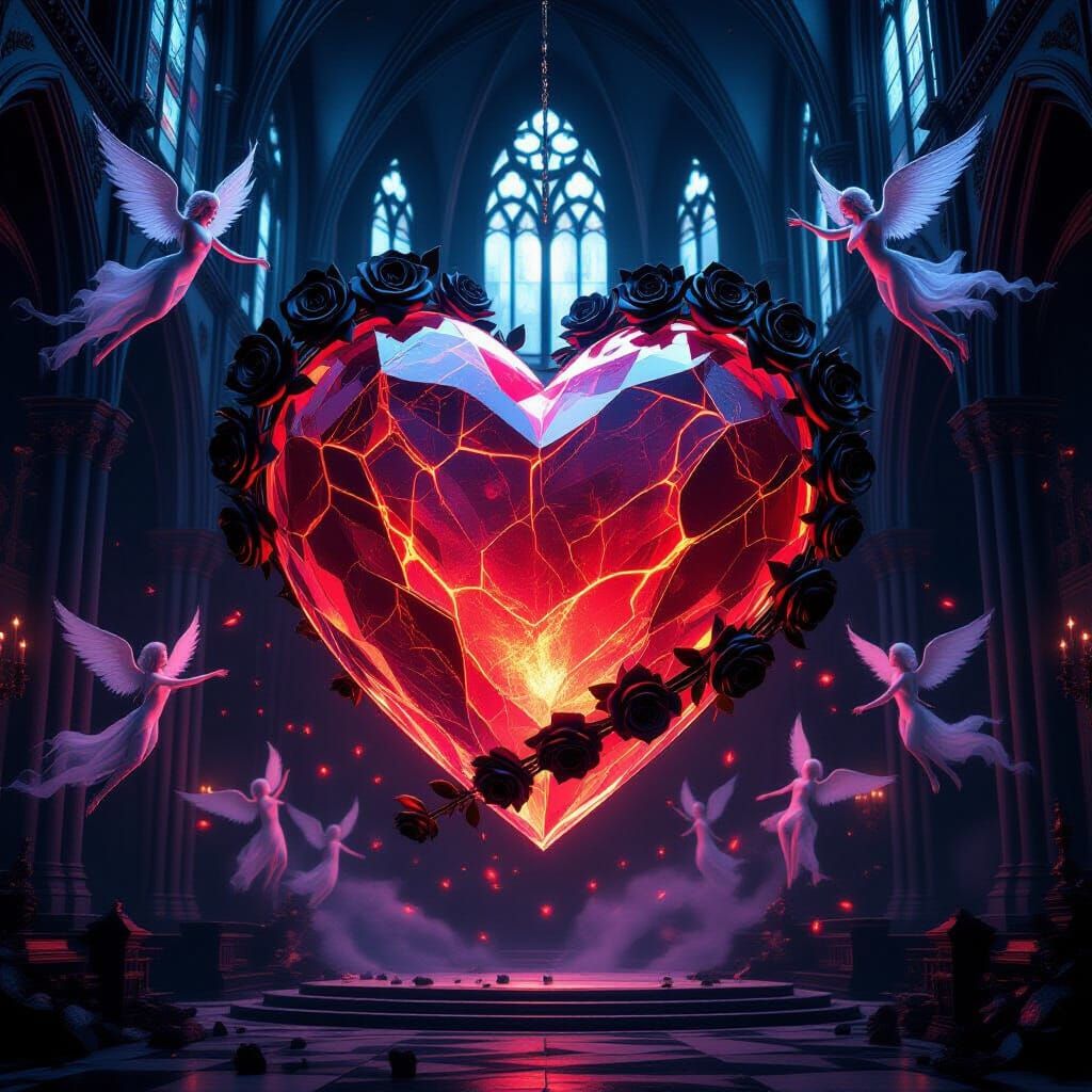 Gothic Cathedral Crystal Heart Glowing Red