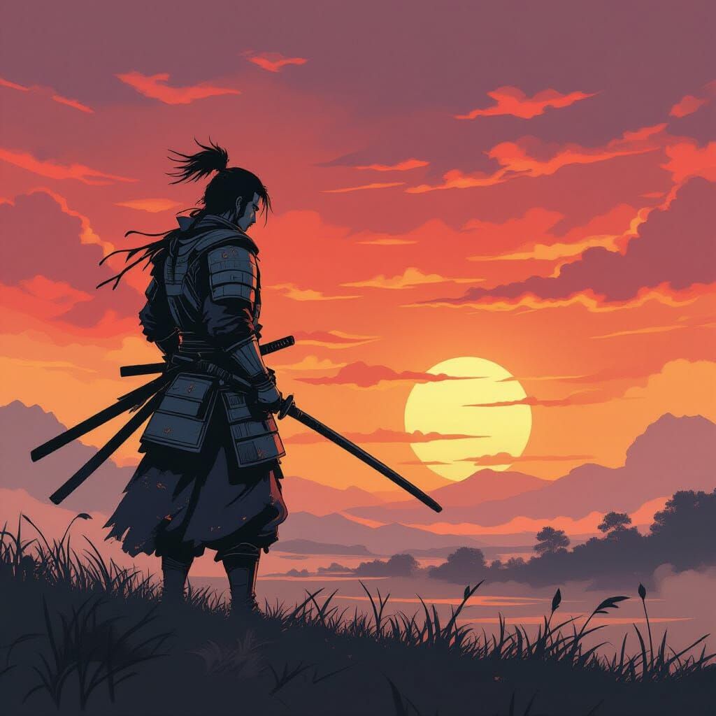 Samurai Warrior on Ancient Battlefield at Sunset