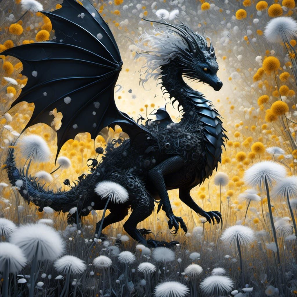 Black Dragon and Dandelions in Art Nouveau Style