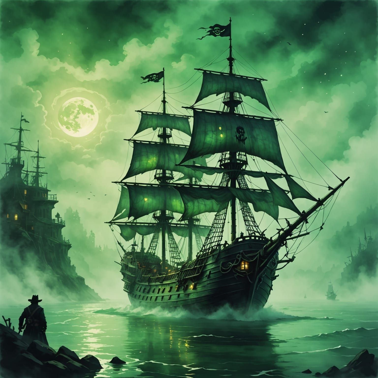 Ghost Pirate Ship Sails into Green Fog Watercolor