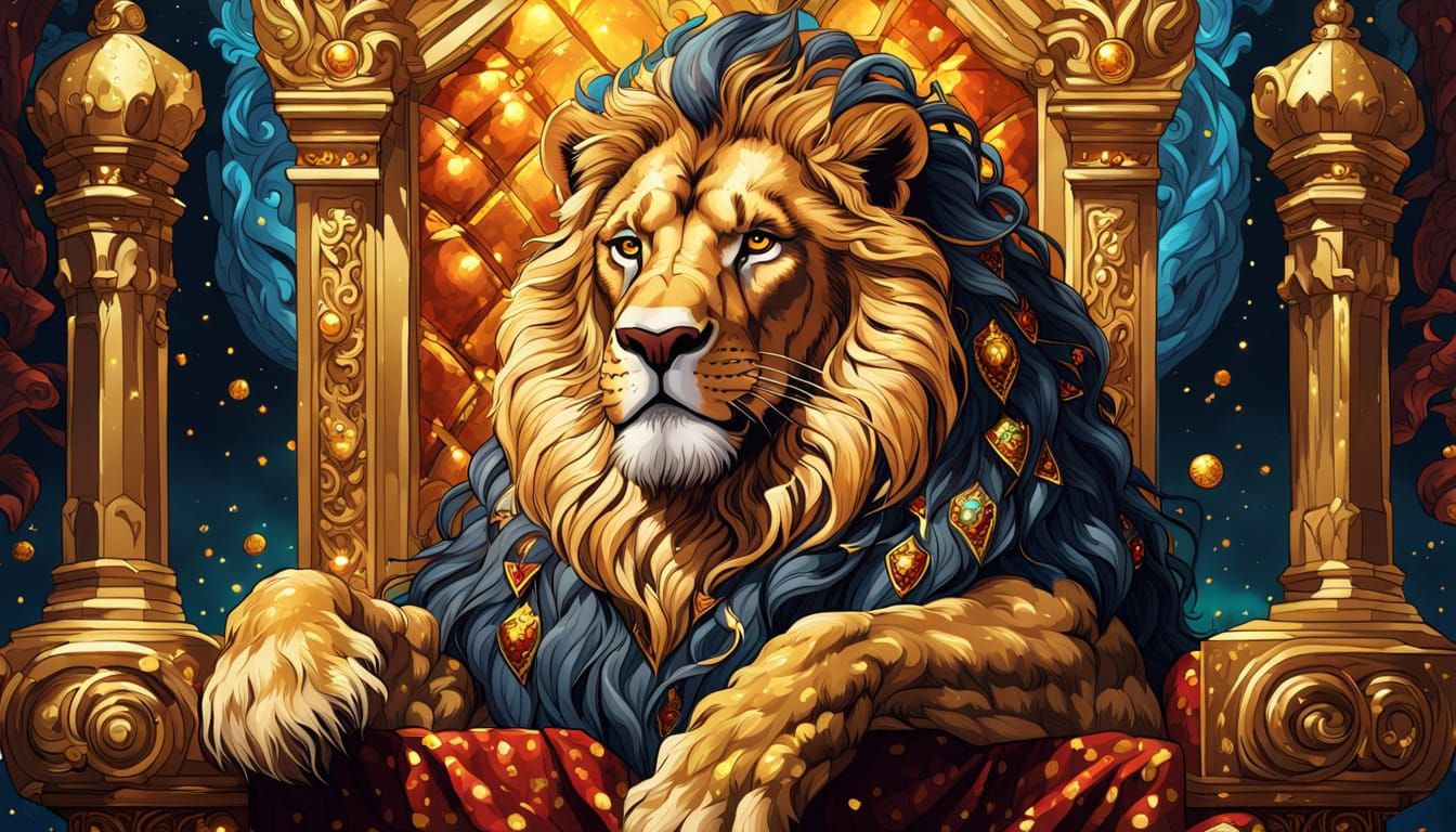 Lion on Gemstone Throne in Comic Book Style