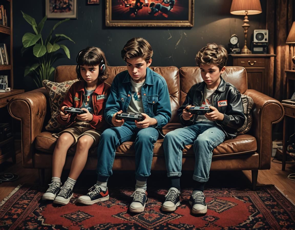 Kids Immersed in 80s Video Game Session