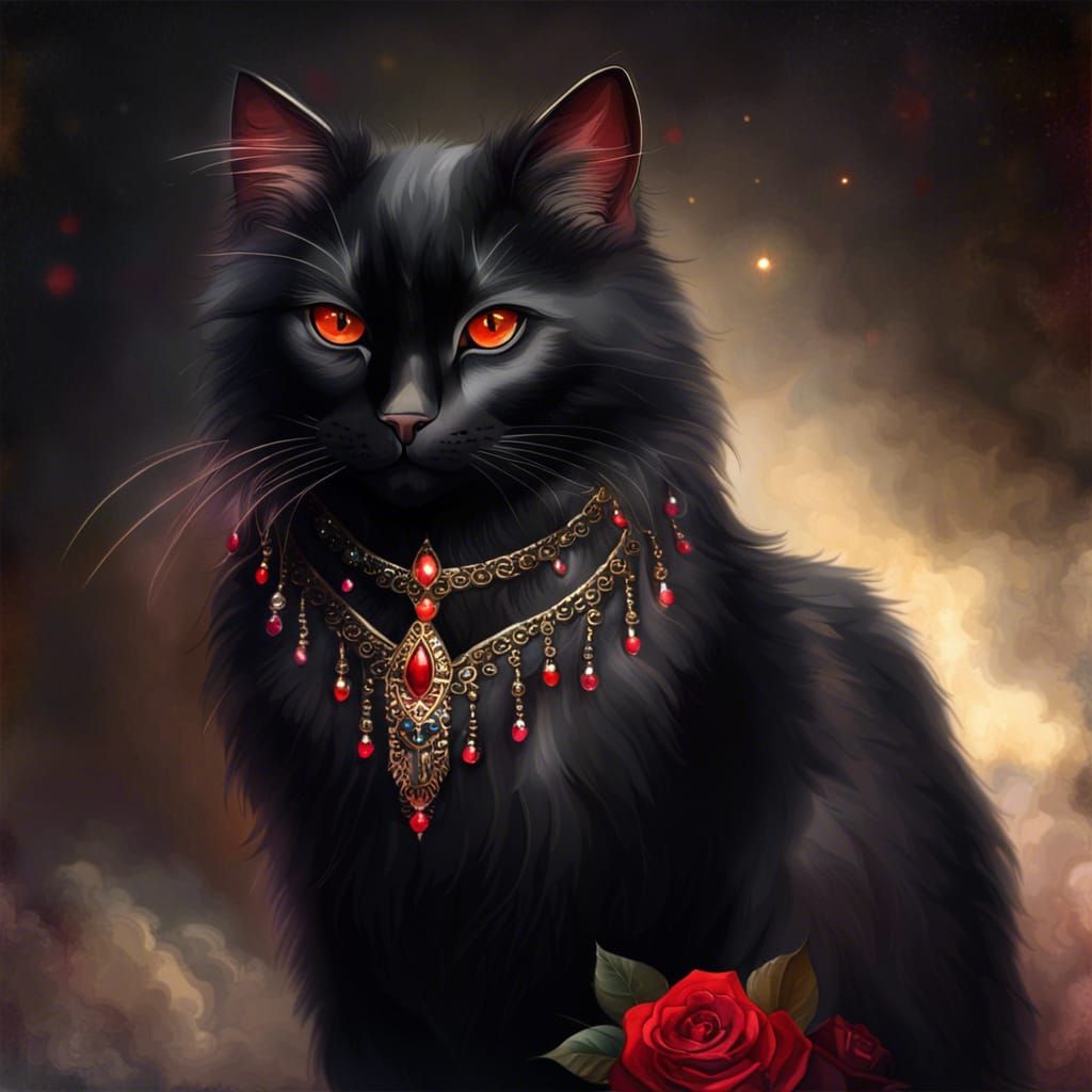 Majestic Black Cat with Red Eyes and Jewels
