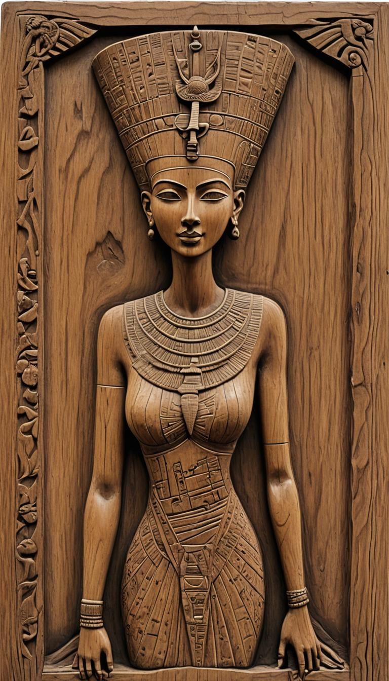 Nefertiti Teak Wood Relief Carving in Amarna Art Style