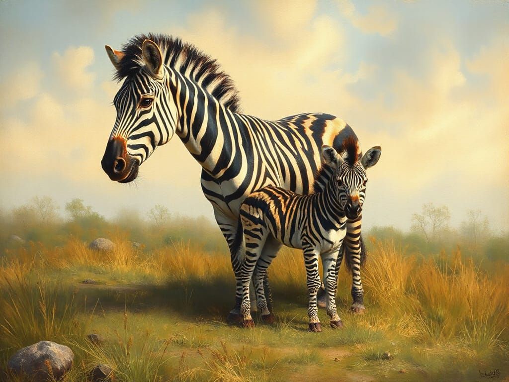 Vintage Oil Painting of Zebra Mother and Child