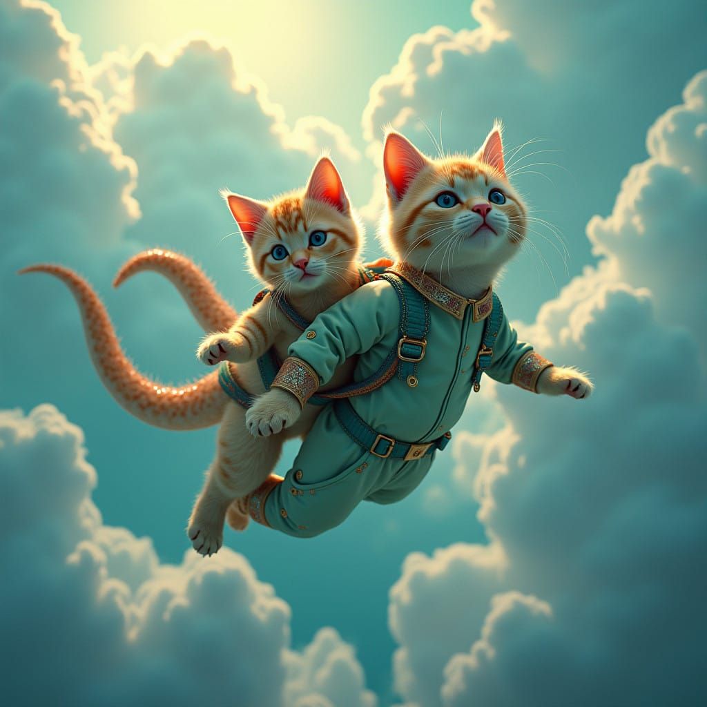 Whimsical Feline and Serpent Duo in Vibrant Jumpsuits Skydiv...
