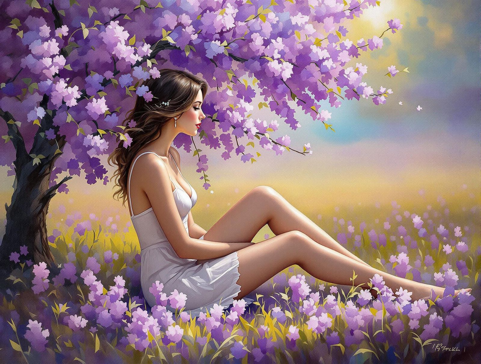 Lady in a Vibrant Purple Floral Oasis