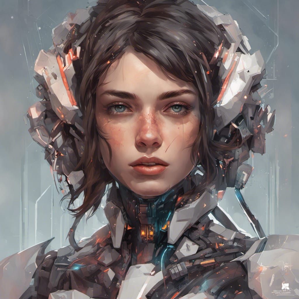 Brunette Cyborg Woman Portrait in Art Nouveau Style