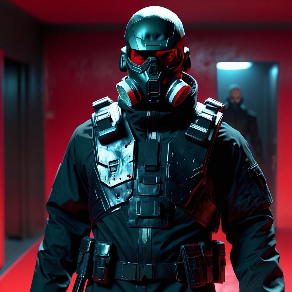 Menacing Soldier in Bloody Research Facility