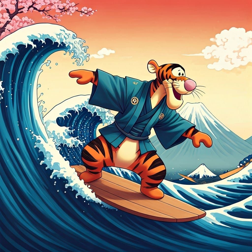 Tigger Surfing Hokusai Wave in Ukiyo-e Style