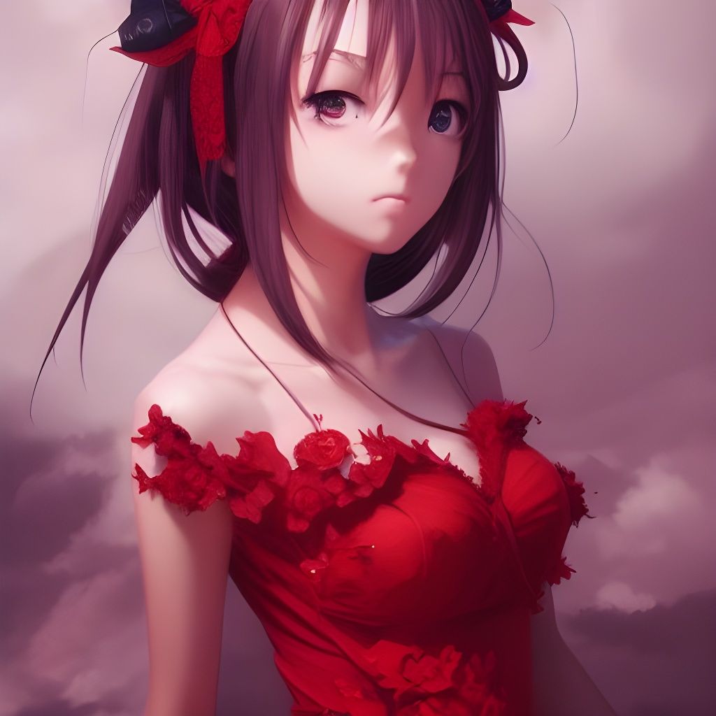 Anime Schoolgirl in Red Dress Digital Illustration