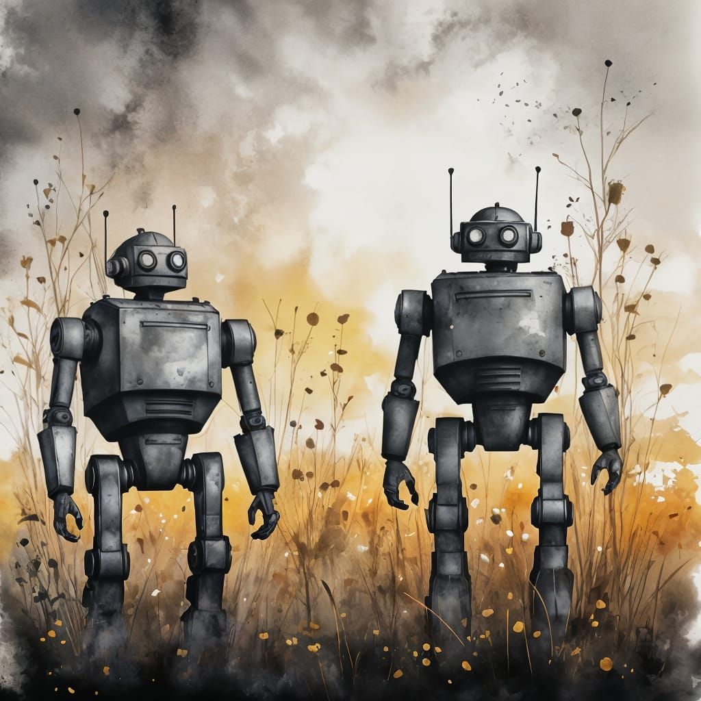 Antique Robots Wander Through Wildflowers in Ink Painting
