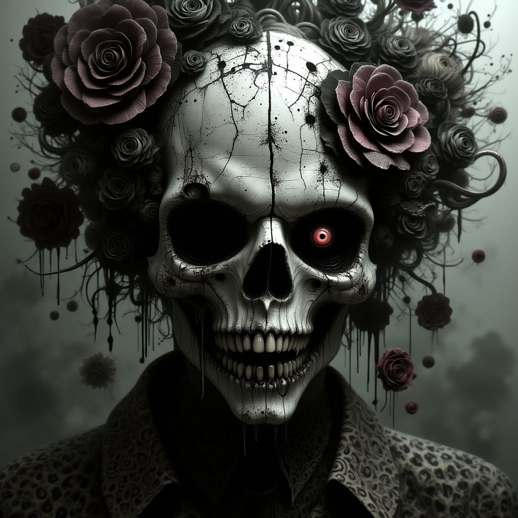 Surreal Grim Reaper in Decaying Flower Garden