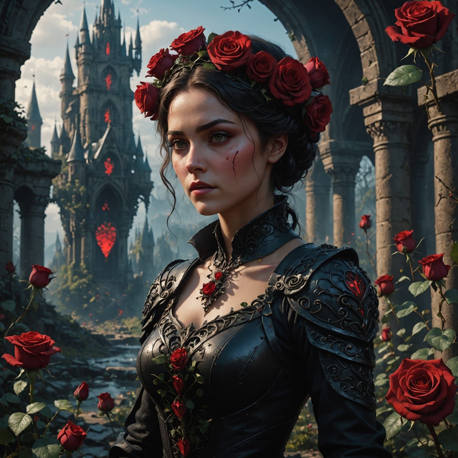 Surreal Dark Fantasy Rose Landscape in Deep Color and Intric...