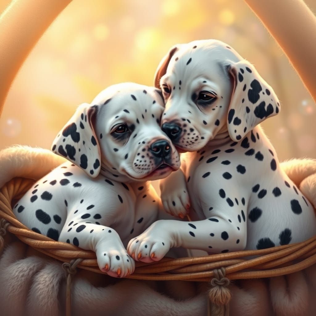 Dalmatian Puppies Cuddle in Basket, Painterly Style