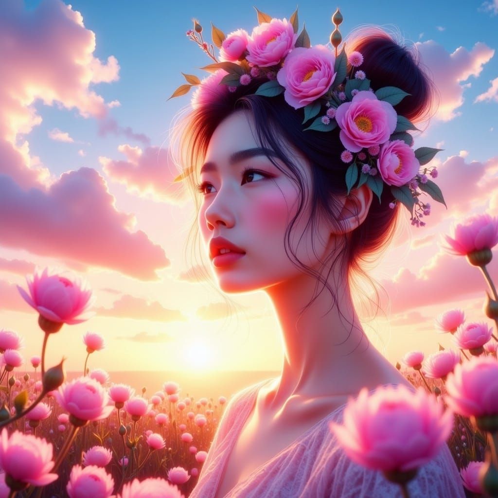 Woman with Flower Crown at Sunset: 3D Anime Art