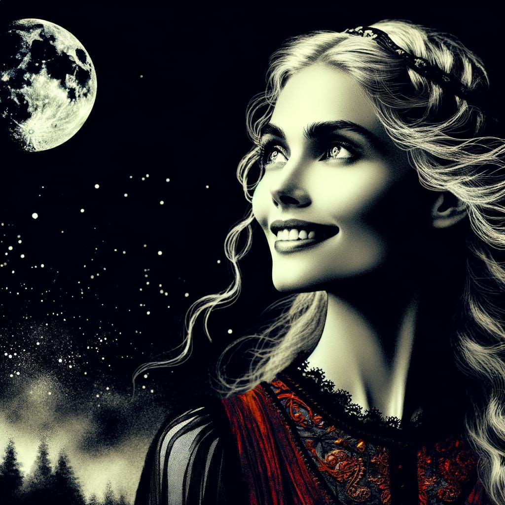 Norse Goddess Gazes at Moon in Ethereal Fantasy Art