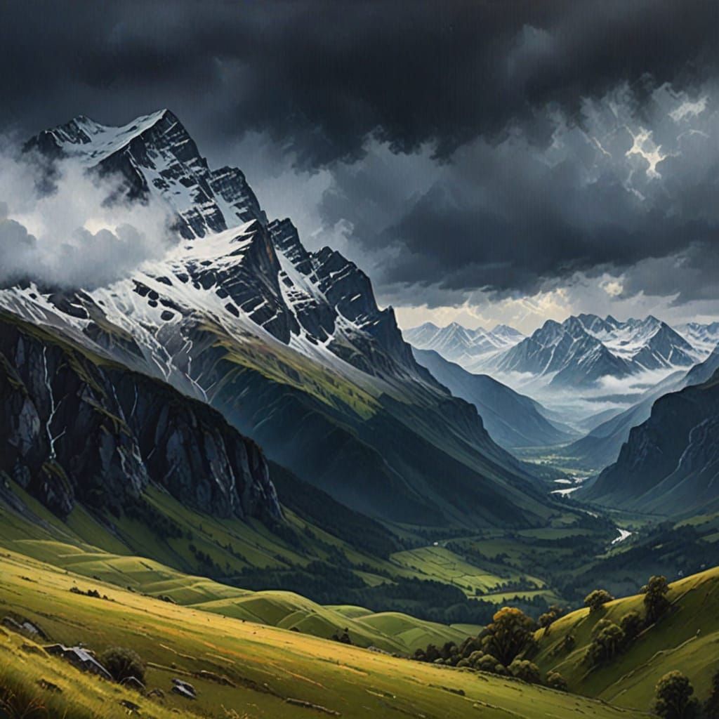 Atmospheric Landscape Painting of Mountain Valley